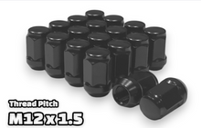 Load image into Gallery viewer, 24-Piece Set | 1.4” Tall | Black | 12x1.5 Thread | 3/4” Hex Drive | Bulge Acorn | Wheel Lug Nuts
