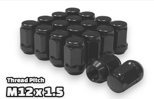 24-Piece Set | 1.4” Tall | Black | 12x1.5 Thread | 3/4” Hex Drive | Bulge Acorn | Wheel Lug Nuts