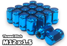 Load image into Gallery viewer, 16-Piece Set | 1.4” Tall | Blue | 12x1.5 Thread | 3/4” Hex Drive | Bulge Acorn | Wheel Lug Nuts
