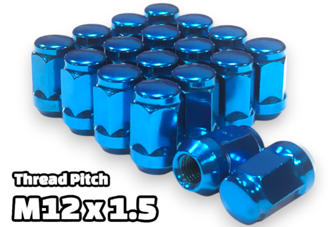 16-Piece Set | 1.4” Tall | Blue | 12x1.5 Thread | 3/4” Hex Drive | Bulge Acorn | Wheel Lug Nuts