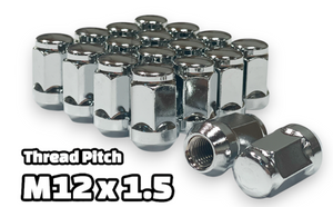 16-Piece Set | 1.4” Tall | Chrome | 12x1.5 Thread | 3/4” Hex Drive | Bulge Acorn | Wheel Lug Nuts