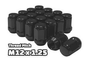 16-Piece Set | 1.4” Tall | Black | 12x1.25 Thread | 3/4” Hex Drive | Bulge Acorn | Wheel Lug Nuts