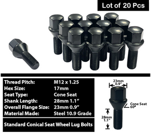 Black 12x1.25 Wheel Lug Bolt 28mm Shank