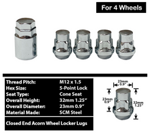 Load image into Gallery viewer, 4x Chrome 12x1.5 Cone Seat Anti-Theft Wheel Lock Lug Nut Set+Key Fit Honda, Acura, Chevy
