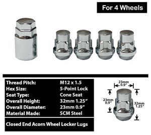 4x Chrome 12x1.5 Cone Seat Anti-Theft Wheel Lock Lug Nut Set+Key Fit Honda, Acura, Chevy