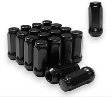 Load image into Gallery viewer, 32-Piece Set | 2” Tall | Black | 9/16-18 Thread | 3/4” Hex Drive | Bulge Acorn | Wheel Lug Nuts
